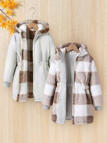 SHEIN Tween Girl Casual Plaid Front Zipper Long Sleeve Hooded Jacket - Khaki - View 3