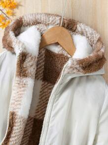 SHEIN Tween Girl Casual Plaid Front Zipper Long Sleeve Hooded Jacket - Khaki - View 7