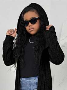 Sparklyn Tween Girl Casual Hooded Knit Cardigan - Black - View 3