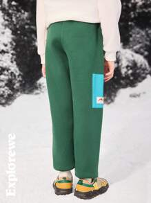 SHEIN Tween Boys Letter Print Side Zip Design Loose Fit Patchwork Sweatpants - Green - View 3