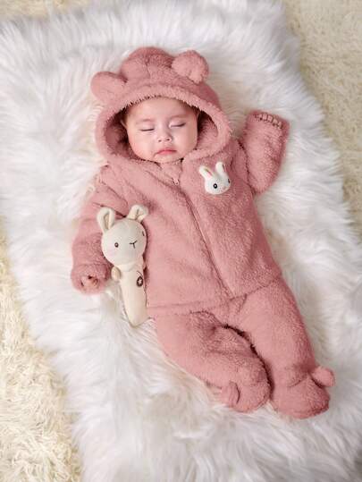SHEIN Newborn Baby Girl Adorable Fluffy Cartoon Print Hooded Jacket & Elastic Waist Pants Set, Autumn/Winter