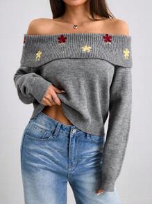 SHEIN Unity Women's Autumn/Winter New Grey Off-Shoulder Embroidered Casual Cute Cropped Knit Sweater Knit Pullover Fall - Grey - View 3