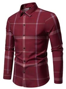 Manfinity Mode Men's Button-Front Long Sleeve Plaid Casual Top, Minimalist Style, Daily/Leisure Wear