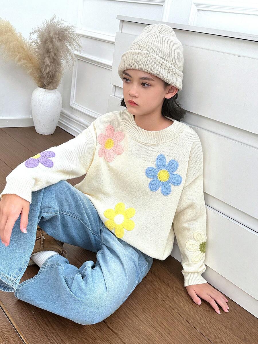 Tween Girls' Apricot All-Matching 3D Floral Cute Casual Loose Comfortable Sweater For Winter