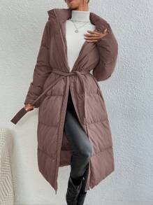SHEIN Frenchy 纯色连帽系带长款黑色夹棉夹克 - 藕粉色 - 查看 1