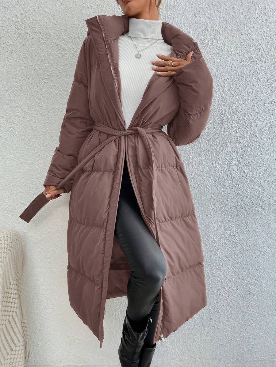 SHEIN Frenchy 纯色连帽系带长款黑色夹棉夹克 - 藕粉色 - 查看 1