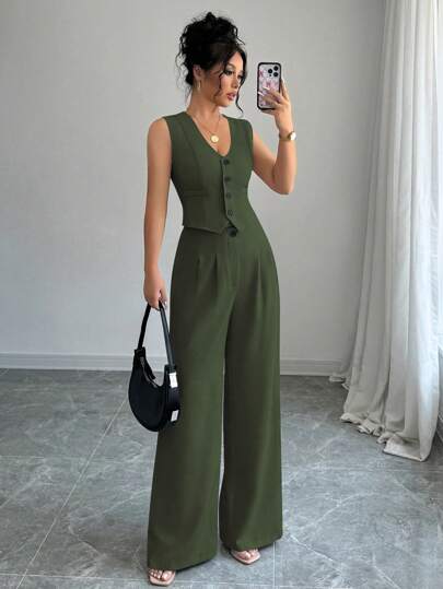 Elenzga Women Simple Single Breasted Vest And Wide Leg Pants Suit, Commuting Style Summer