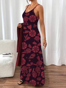 SHEIN LUNE 2pcs/Set Women Solid Color Long Sleeve Minimalist Jacket And Allover Print Spaghetti Strap Camisole Dress Set - Burgundy - View 6