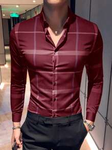Manfinity Mode Men's Button-Front Long Sleeve Plaid Casual Top, Minimalist Style, Daily/Leisure Wear