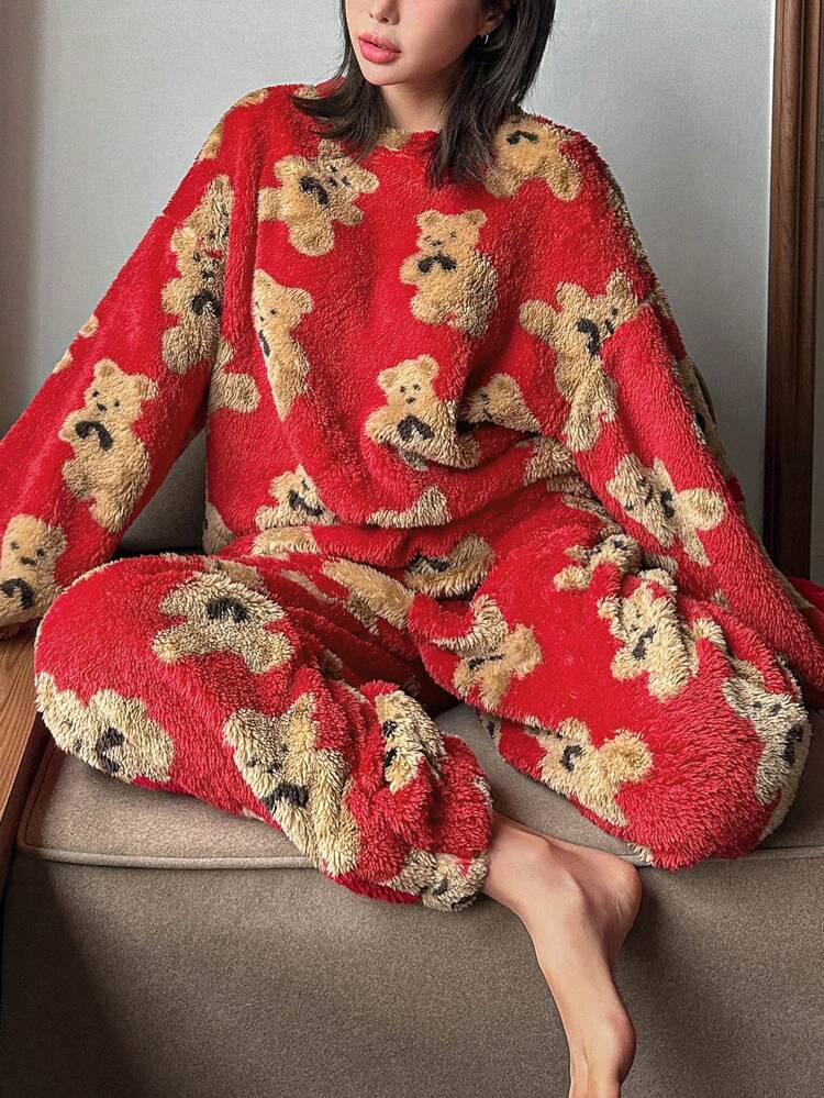 Women Flannel Thicken Christmas Cute Bear Pattern Pajama Set, Suitable For Winter
