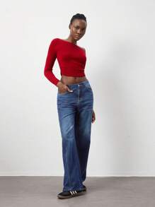 SHEIN Unity Jeans rectos de cintura baja lavados informales - Azul lavado oscuro - Ver 5
