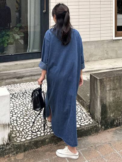 DAZY 女士纯色宽松长款牛仔连衣裙，秋季服装连衣裙