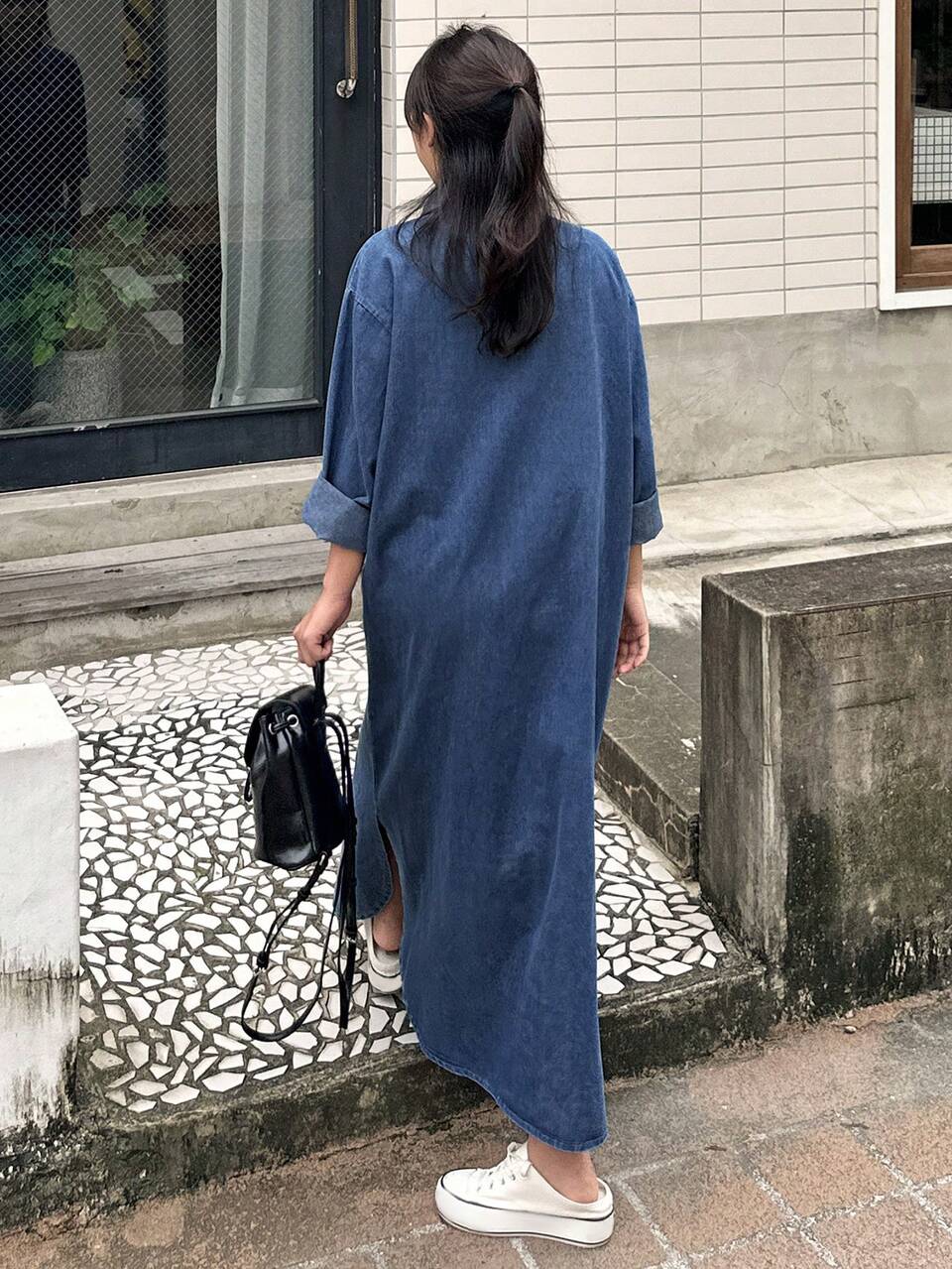 Women's Solid Color Loose Long Denim Dress, Fall Clothes Dress
