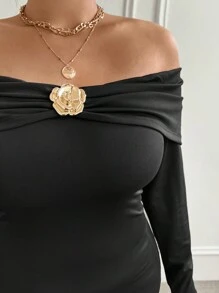 Celure Đầm dệt kim bó sát tay dài hở vai thanh lịch cỡ lớn cho nữ có họa tiết hoa ở ngực - màu đen - Xem 4