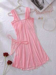 فستان بسيور سباغيتي ثنائي اللون بشريط دانتيل رومانسي مزخرف بالأزهار، سروال أوشحة, ملابس داخلية نسائية مثيرة بابيدول