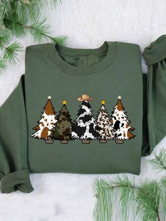 INAWLY Plus Size Women's Country Style Christmas Cow Lover Camouflage Floral Pattern Christmas Gift Crew Neck Thermal Lined Printed Sweatshirt, For Winter Graduation,Back To School Outfits,Graduation,Teacher Outfits For Women,Back To School Pullover Fall Outfit