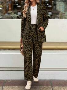 Chiquease 2pcs Women Leopard Print Suit Jacket And Pants Set