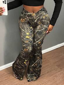 Slaydiva Plus Size Women's Branch Print Flare Pants, Holiday/New Year/Valentine's Day Western Wear Fall - Multicolor - View 4