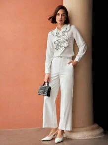 MOTF PREMIUM CONTRAST PIPING JABOT COLLAR SHIRT