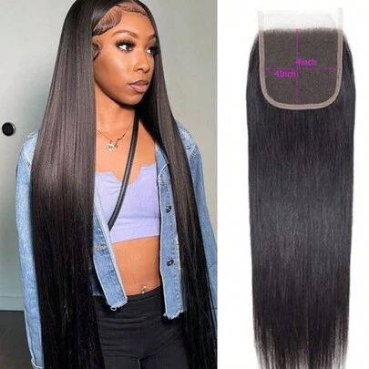 Cierre de encaje 4x4 transparente, cierre de encaje recto, extensiones de cabello humano virgen, cierre de encaje con raya libre, 100% extensiones de cabello humano para mujeres, color natural previamente desgastado