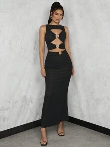 Glamine Cut Out Front Mermaid Hem Longline Dress   Sexy Dress - Black - View 4