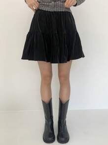 DAZY Women Elastic Waist Split A-Line Mini Skirt - Black - View 4