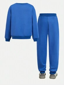 SHEIN Tween Boy 字母与图形印花圆领长袖连帽衫和运动裤休闲套装 - 藍色 - 查看 5