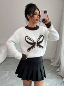Chiquease Color Block Dropped Shoulder Bowknot Crew Neck Contrast Trim Sweater For Women Knit Pullover Fall Winter - White - View 3