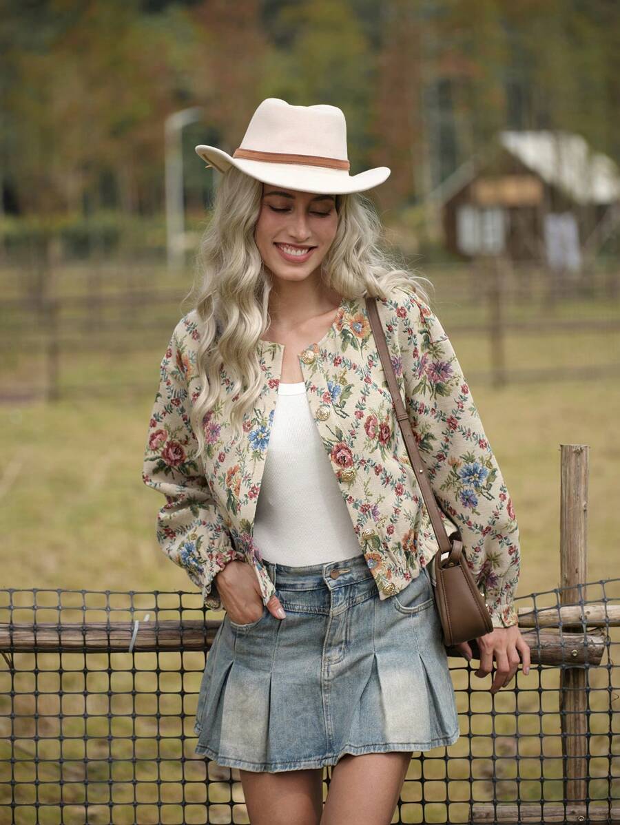 LanaWest 乡村休闲花卉印花前扣夹克，适合秋季户外 - 杏色 - 查看 1