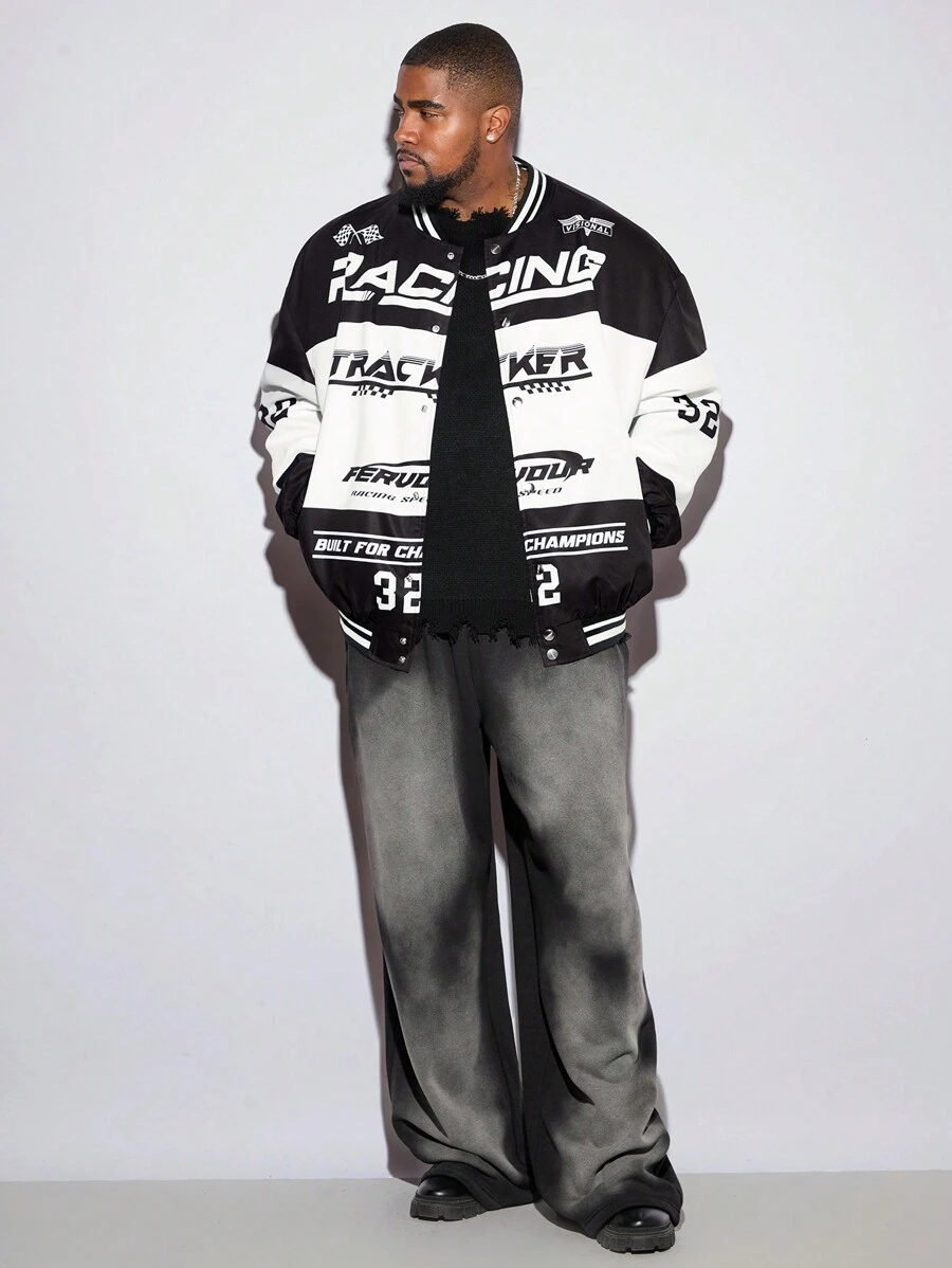 Manfinity VCAY Plus Size Men's Loose Woven Long Sleeve Baseball Jacket, Race Car Street Wear Graphic Color Block Lightweight Jacket, For Friends, Husband, Boyfriend Gifts, For Fall Winter - Multicolor - View 1