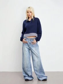 Flirla 1 pieza Sudadera azul marino de mujer minimalista con cuello y rayas de contraste 2 en 1, para otoño/invierno
