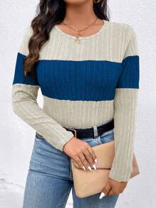 SHEIN LUNE Plus Size Round Neck Long Sleeve Solid Color Stitching Simple T-Shirt Daily Leisure Graphic Tees Women Tops For Spring Outfit