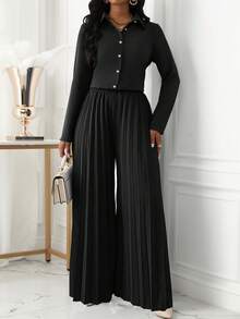 SHEIN Clasi 2pcs Women's Solid Color Front Button Long Sleeve Blouse And Skirt Casual Set - Black - View 2