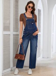 SHEIN Maternity Casual Washed Denim Bib Overalls - Dark Wash - View 6