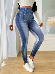 Zolique Femmes Leggings à taille haute effet denim simple, porter casual au quotidien - Bleu azur - Voir 5