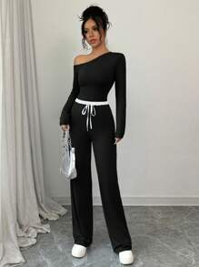Calvaya Women Casual 2pcs Set: Oblique Shoulder Elastic Top And Contrast Waist Band Elastic Pants