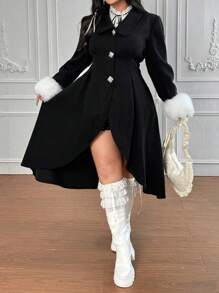 Flirla Women Plus Size Asymmetrical Hem Turtleneck Casual Elegant Mid-Length Black Coat, Warm And Cozy For Autumn/Winter Fall Cloth For Women - Black - View 1