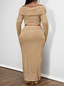 Maweii Conjunto de 2 piezas de blusa de manga larga con hombros descubiertos y falda en unicolor talla grande, elegante