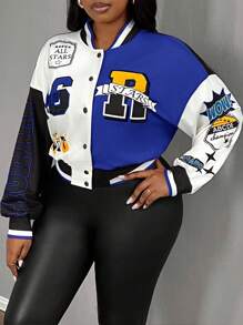 Slaydiva 大码印花和拼色棒球夹克 - 藍色 - 查看 4