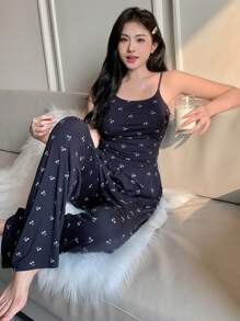 DAZY Allover Print Asymmetrical Fitted Camisole & Loose Straight Leg Pants Sleepwear Set