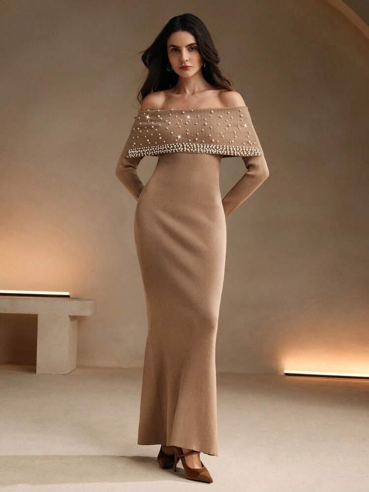 Women's Elegant Christmas Off-Shoulder Pearl Decorated Fishtail Knitted Dress Maxi Women Outfit