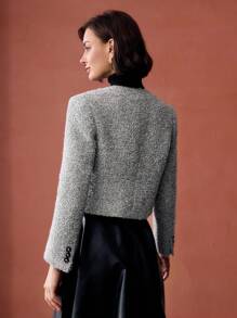 MOTF PREMIUM ABRIGO DE SOLAPA DE DETALLE BROCHE INDIVIDUAL SÓLIDO DE TWEED - Gris Claro - Ver 9