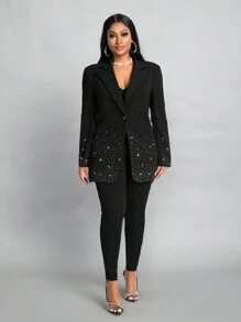 Slaydiva 新款情人节、新年派对、活动、时尚高端水晶装饰长袖纯黑色优雅休闲西装外套，女士款 - 黑色 - 查看 5