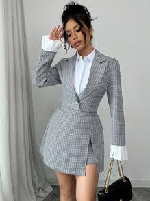 Selianne 2 件套女士高腰 A 字形下摆裙子和短夹克，春/秋 - 黑與白 - 查看 6