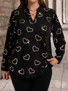 Plus Size Woven Heart Hot Stamping Crew Neck Long Sleeve Shirt, Autumn/Winter