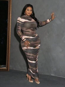 Slaydiva Đầm dài tay in họa tiết xếp nếp cổ đứng cỡ lớn cho nữ - Nhiều màu - Xem 6