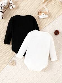 2件套新生儿婴儿休闲字母印花百搭长袖连体衣，适合所有季节 - 黑與白 - 查看 2