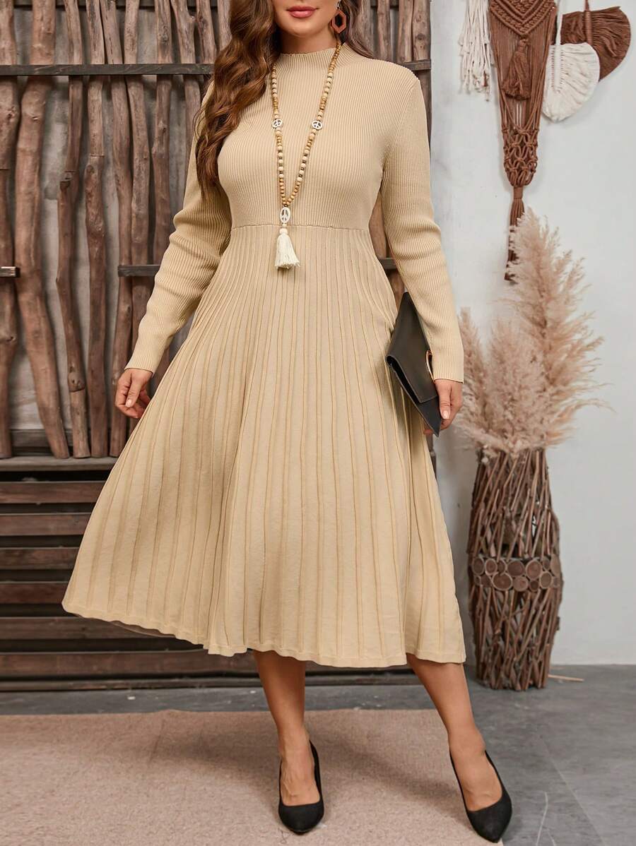 SHEIN Clasi Plus Size Solid Color Stand Collar Long Sleeve Simple Long Sweater Dress Daily Leisure, For Winter - Apricot - View 1