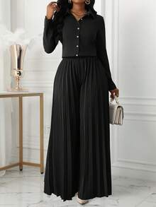 SHEIN Clasi 2pcs Women's Solid Color Front Button Long Sleeve Blouse And Skirt Casual Set - Black - View 6