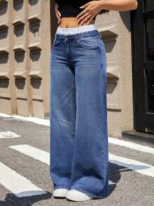 SHEIN Essnce Quần Jeans Denim Ống Rộng Thời Trang Thường Ngày Cho Nữ - Rửa tối - Xem 4
